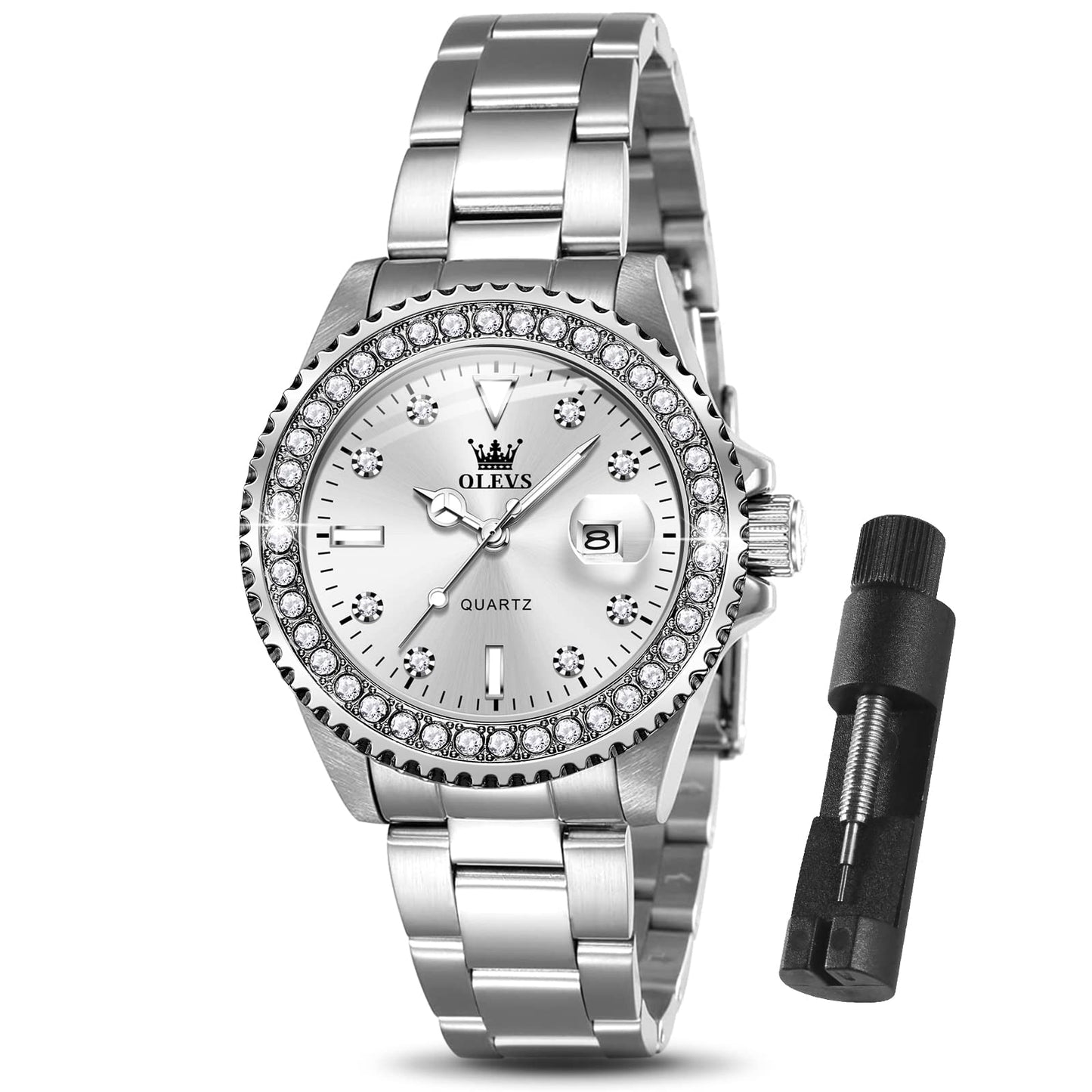 OLEVS Watches Women with Date Silver Stainless Steel Luxury Ladies Watches with Small Writs Diamond Watches for Women Waterproof Elegant Dress Quartz Analog Women's Wrist Watches Reloj de Mujer