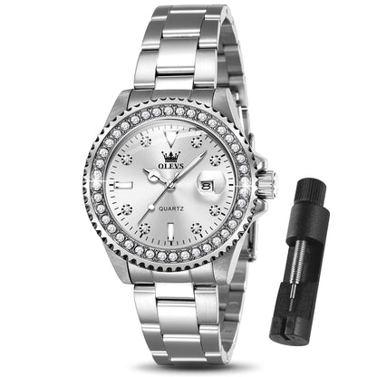 OLEVS Watches Women with Date Silver Stainless Steel Luxury Ladies Watches with Small Writs Diamond Watches for Women Waterproof Elegant Dress Quartz Analog Women's Wrist Watches Reloj de Mujer