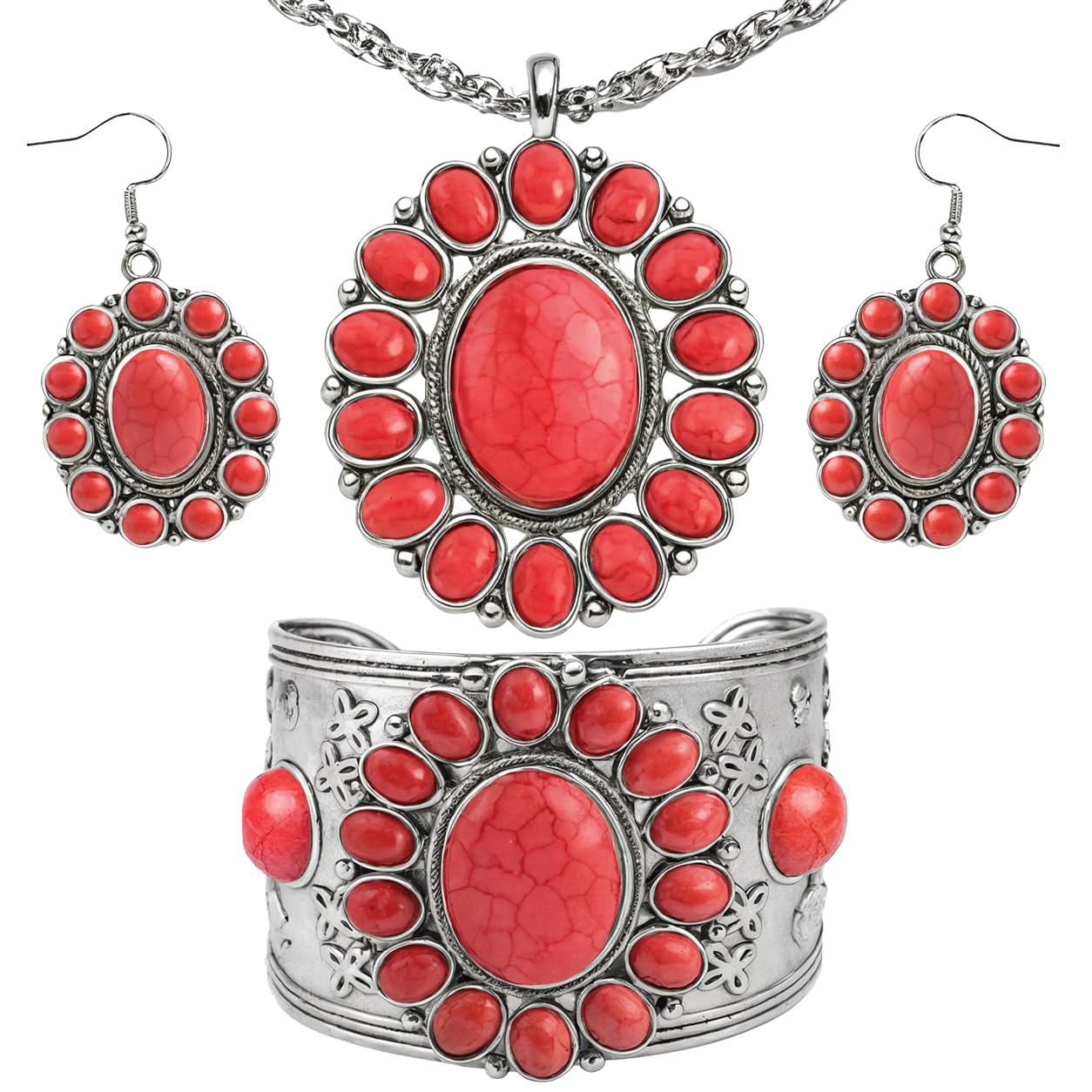 Shop LC Howlite Western Jewelry Set for Women Boho Cowgirl | 3-Piece Necklace Bracelet Earrings, Turquoise-Inspired, Chunky Statement, Southwestern