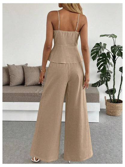 SOLY HUX Women's 2 Piece Summer Outfit Button Down Peplum Cami Top and Wide Leg Pants Set