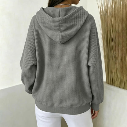 Women Casual Waffle Grid Textured Pullover Hoodie Contrast Drawstring Pocket Loose Long Sleeve Sweatshirts