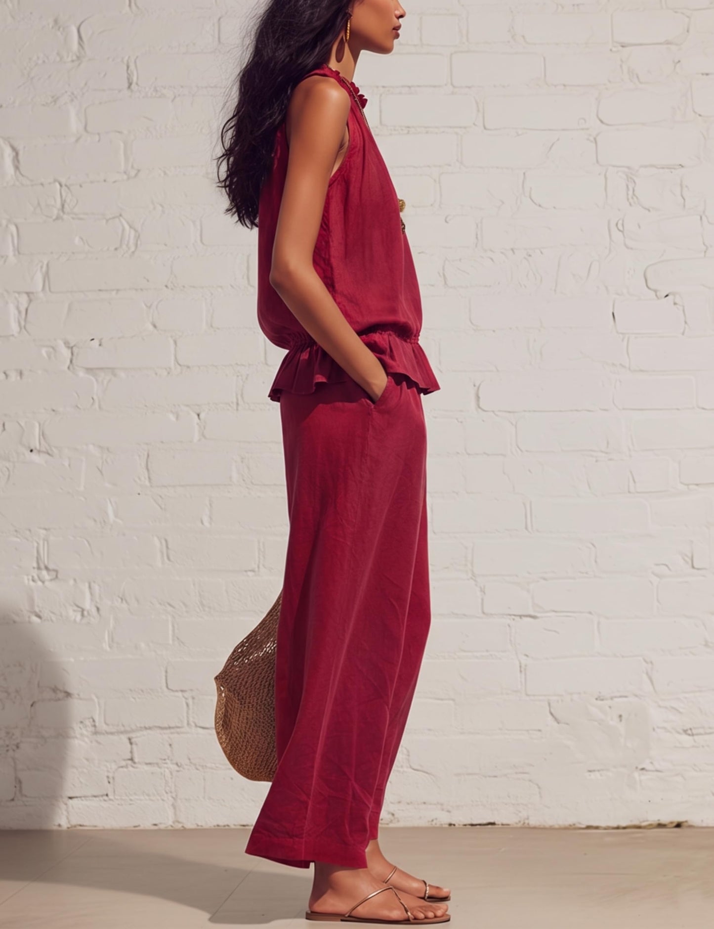 Tanming Women's Linen 2 Piece Outfits Sleeveless Ruffle Top Wide Leg Pants Summer Loungewear Beach Travel Sets