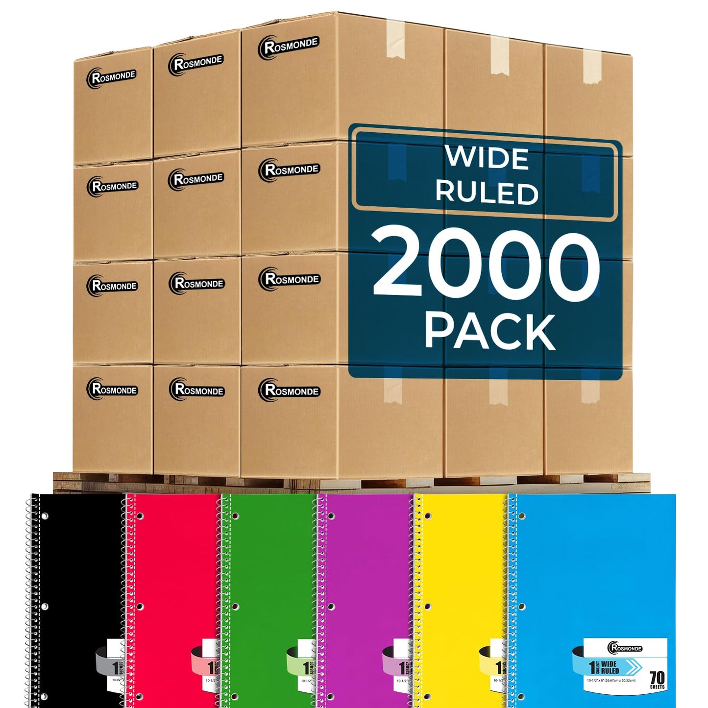 Rosmonde Spiral Notebooks, 12 Pack, 1 Subject Notebook, Wide Ruled, 70 Sheets, 8 x 10-1/2", 3 Hole Punched, School Supplies, Bulk Single Subject Spiral Notebook Bulk, Assorted Colors Pack of Notebooks