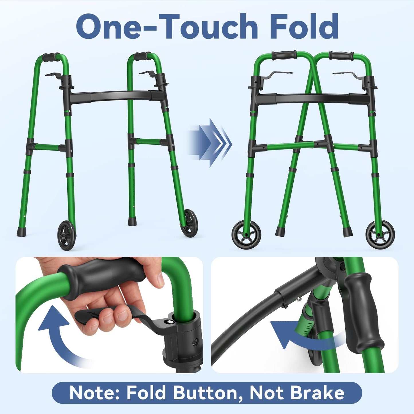 Loyoda Folding Walker with 2 Skis and 5" Wheels, Lightweight Walkers for Seniors and Adults, Supports Up to 350 Pounds, Adjustable Height, Compact Standard Walker, Black