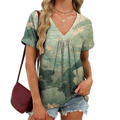 domirica Japanese Print Blouse Women V Neck Short Sleeve Lightweight Breathable Summer Casual Soft Comfy Tops 2026