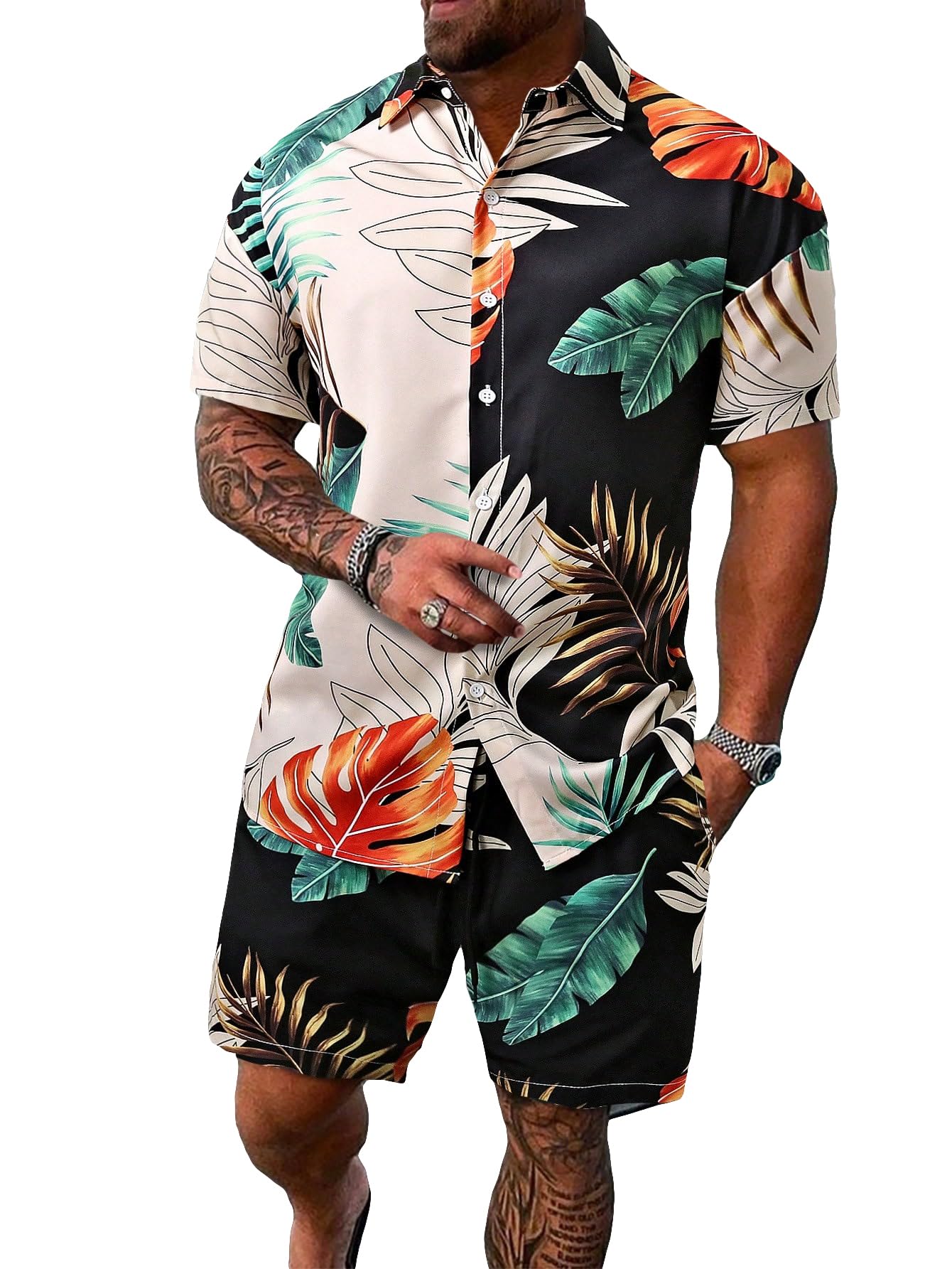 GORGLITTER Men's Vacation Beach Cruise Summer Outfits 2 Piece Shorts Set Hawaiian Button Down Shirt and Shorts