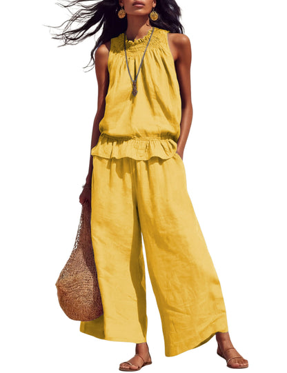 Tanming Women's Linen 2 Piece Outfits Sleeveless Ruffle Top Wide Leg Pants Summer Loungewear Beach Travel Sets