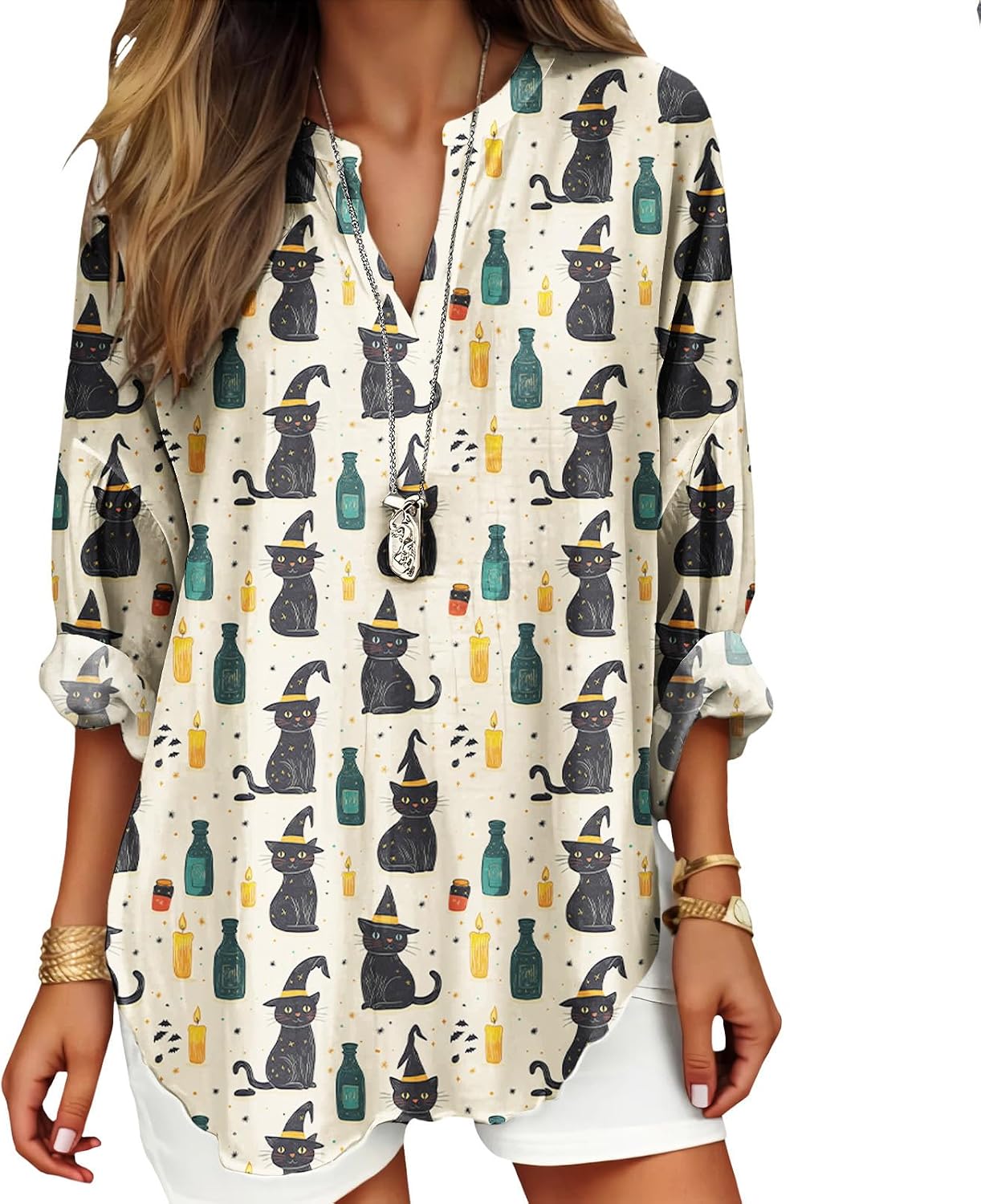 Womens Bohemian Print Tunic Top Cotton Blend V Neck Long Sleeve Loose Fit Casual Blouse for Summer Beach Vacation