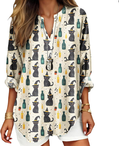 Womens Bohemian Print Tunic Top Cotton Blend V Neck Long Sleeve Loose Fit Casual Blouse for Summer Beach Vacation
