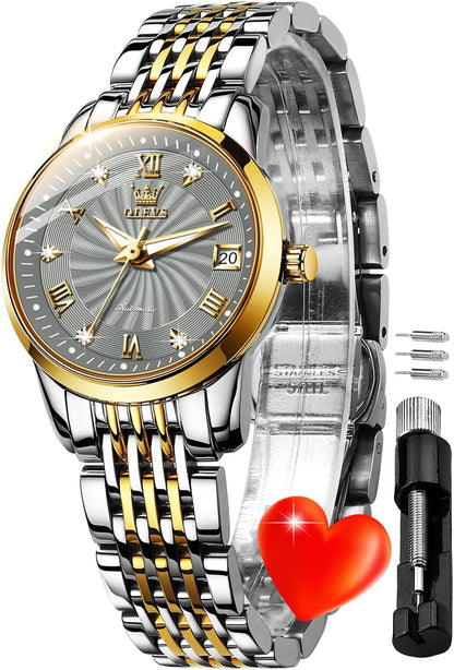 OLEVS Womens Automatic Watches Gold Classic Diamond Ladies Self Winding Mechanical Two Tone Stainless Steel Wrist Watch Date