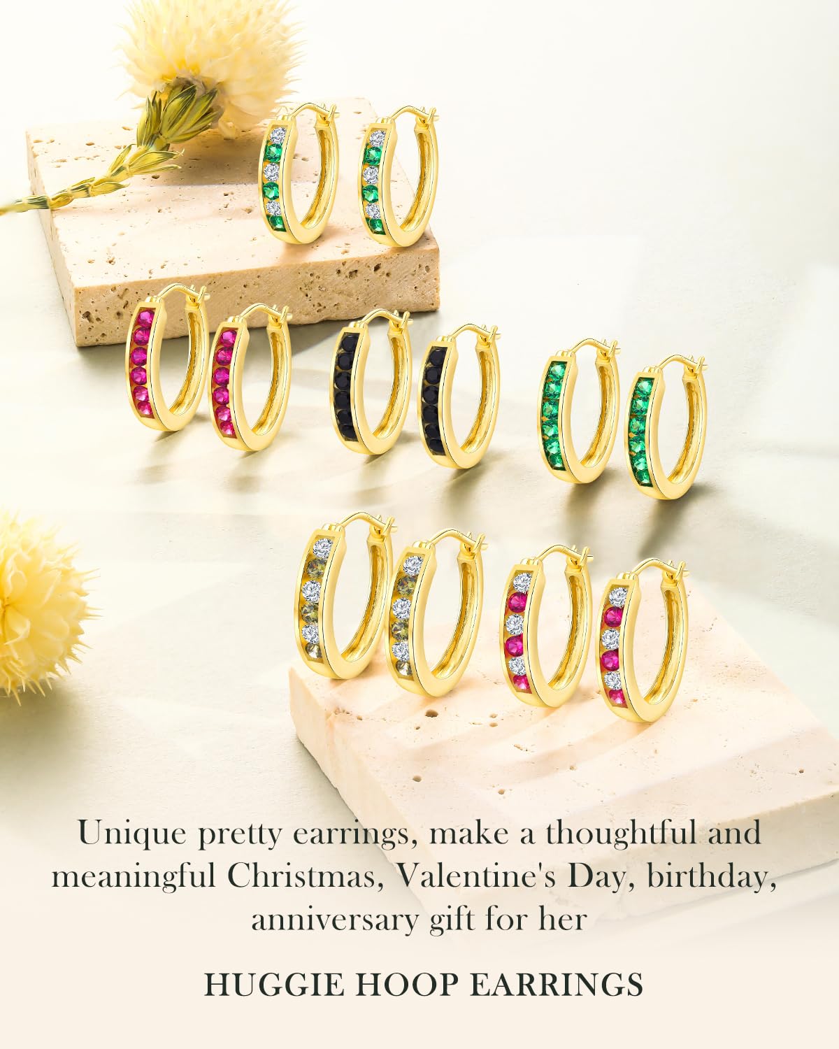 14K Gold Plated/925 Sterling Silver Birthstone Hoop Earrings for Women | 18mm Created Gemstone Hoops,Hypoallergenic and Lightweight,Birthday Mother's Day Jewelry(with Gift Box)
