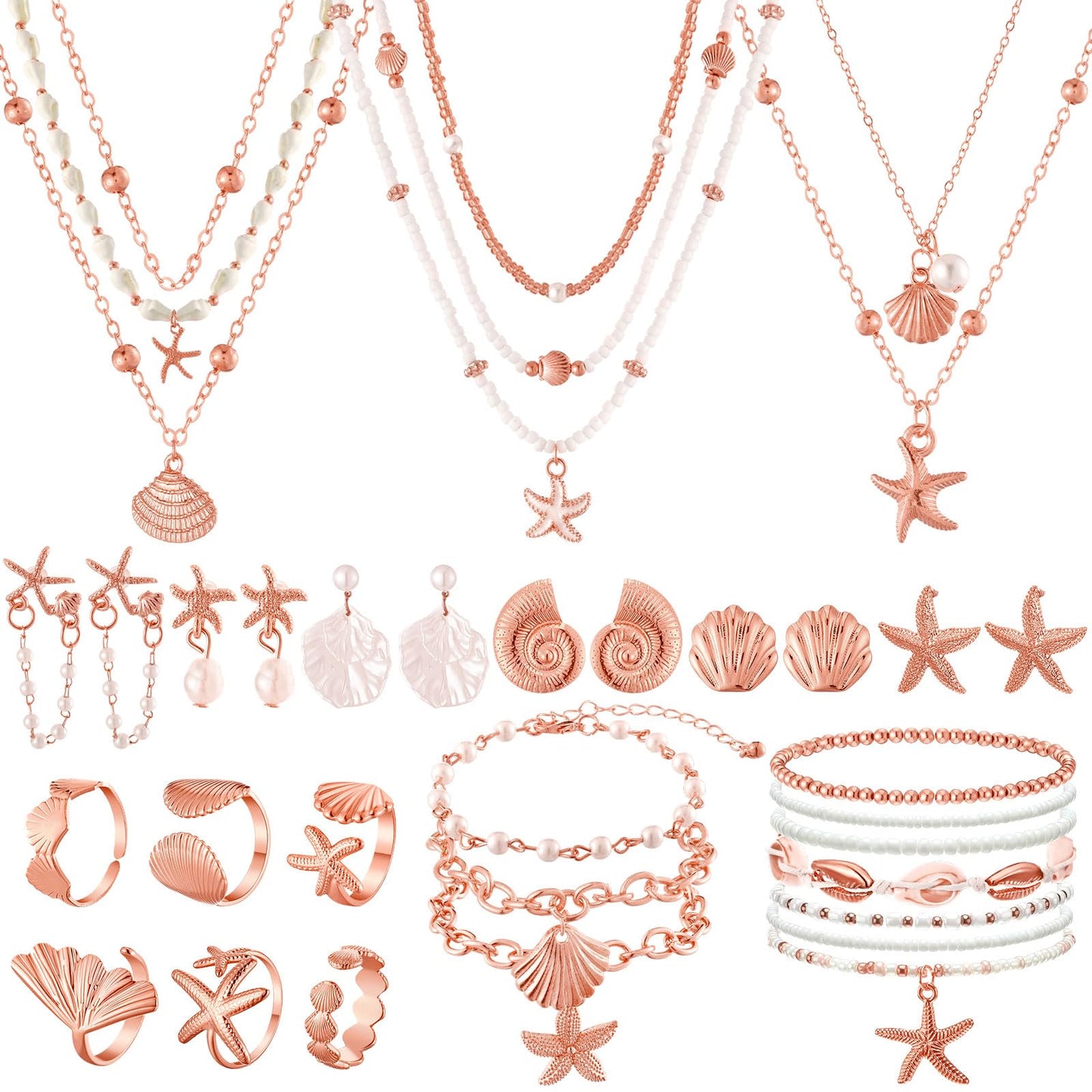 Tondiamo 23 Pcs Seashell Starfish Jewelry Set Boho Summer Beach Mermaid Accessories Layered Charm Necklace Earrings Studs Bracelets Rings for Women Holiday Vacation Wedding Party Gift