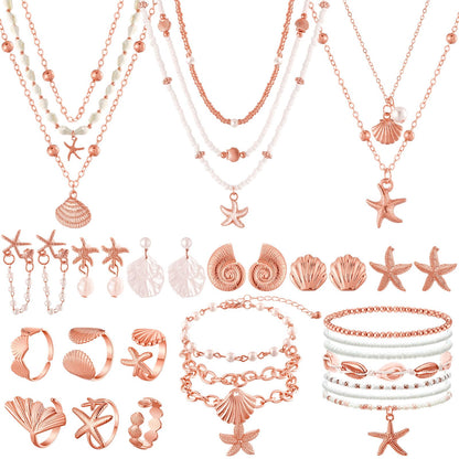 Tondiamo 23 Pcs Seashell Starfish Jewelry Set Boho Summer Beach Mermaid Accessories Layered Charm Necklace Earrings Studs Bracelets Rings for Women Holiday Vacation Wedding Party Gift