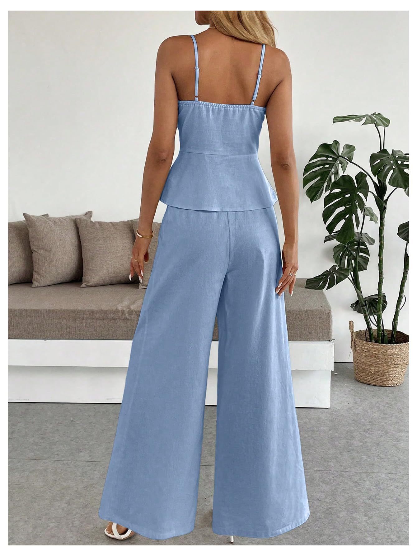 SOLY HUX Women's 2 Piece Summer Outfit Button Down Peplum Cami Top and Wide Leg Pants Set
