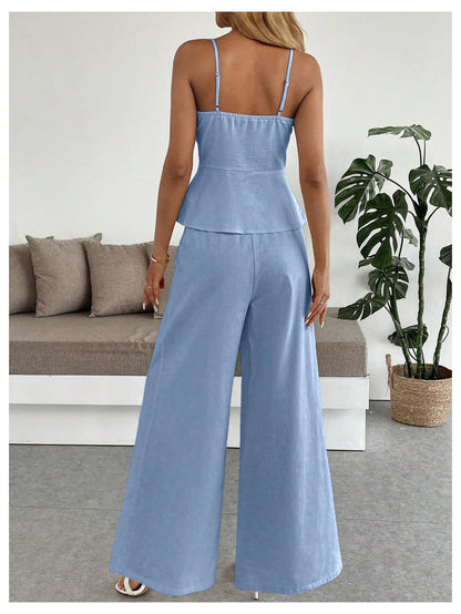 SOLY HUX Women's 2 Piece Summer Outfit Button Down Peplum Cami Top and Wide Leg Pants Set