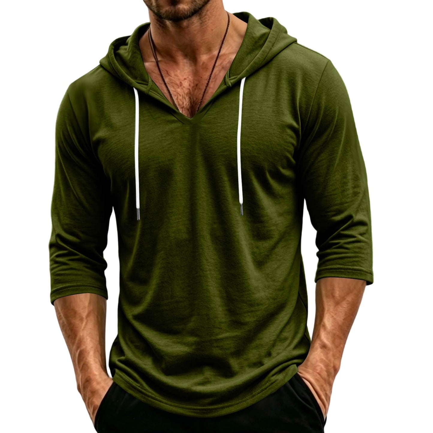 Mens Hooded 3/4 Sleeve Pullover Relaxed Fit Casual Lightweight Comfort Top