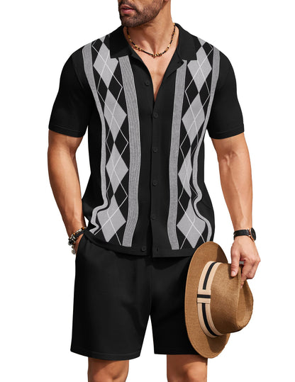 COOFANDY Men's 2 Piece Outfit Vintage Short Sleeve Button Down Knit Polo Shirts Casual Beach Shorts Sets