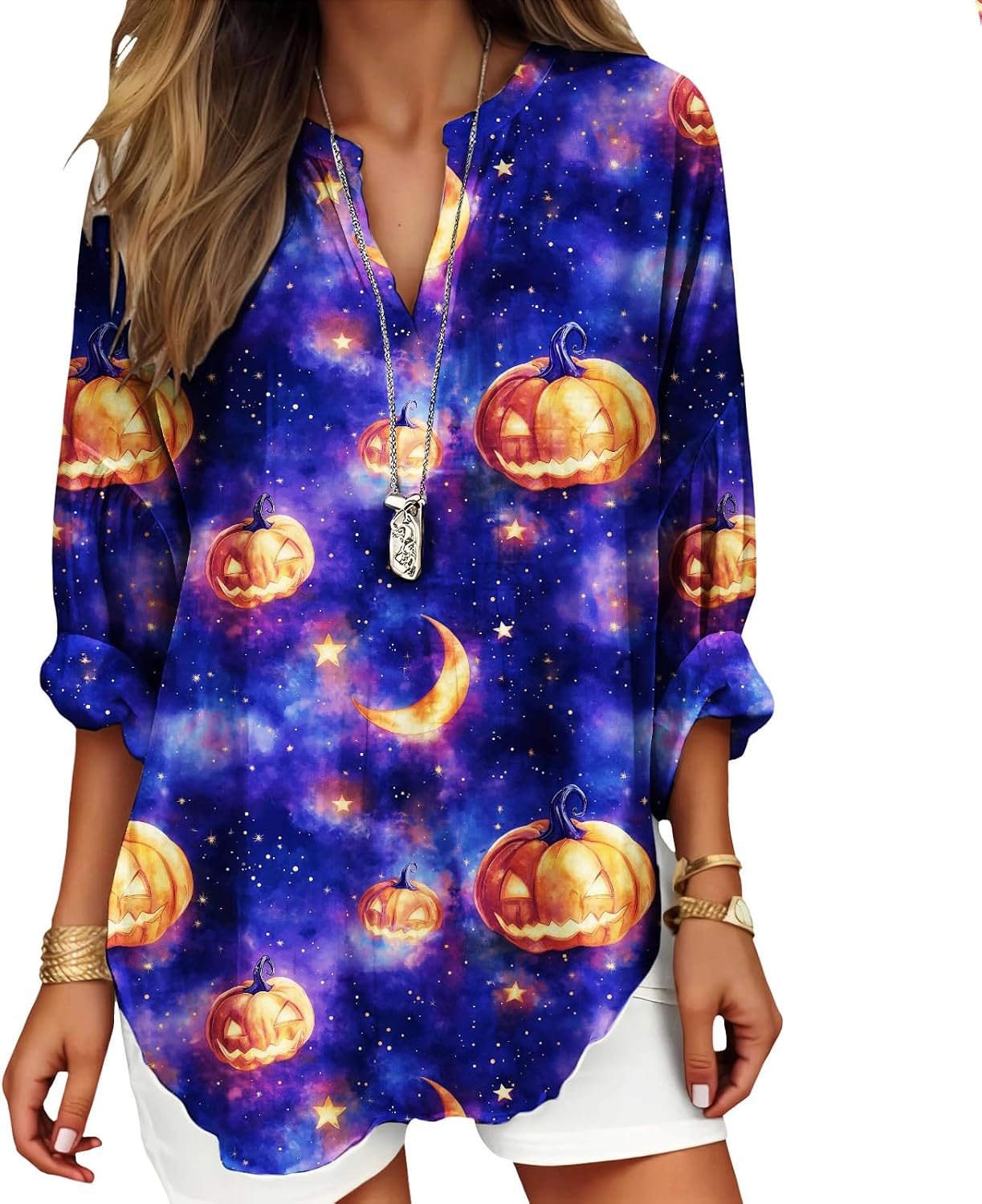 Womens Bohemian Print Tunic Top Cotton Blend V Neck Long Sleeve Loose Fit Casual Blouse for Summer Beach Vacation