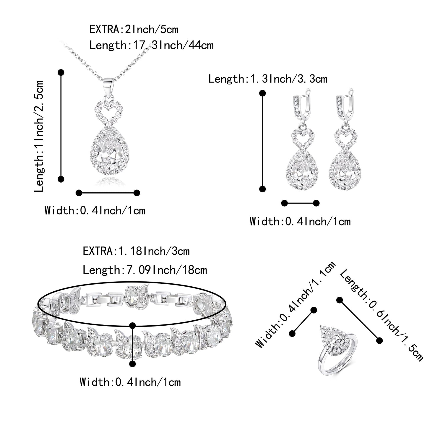 BriLove Wedding Jewelry Set for Women Bride Bridesmaid | Gorgeous Cubic Zirconia Teardrop Necklace Earrings Bracelet Adjustable Ring Jewelry Gift for Birthday/Anniversary
