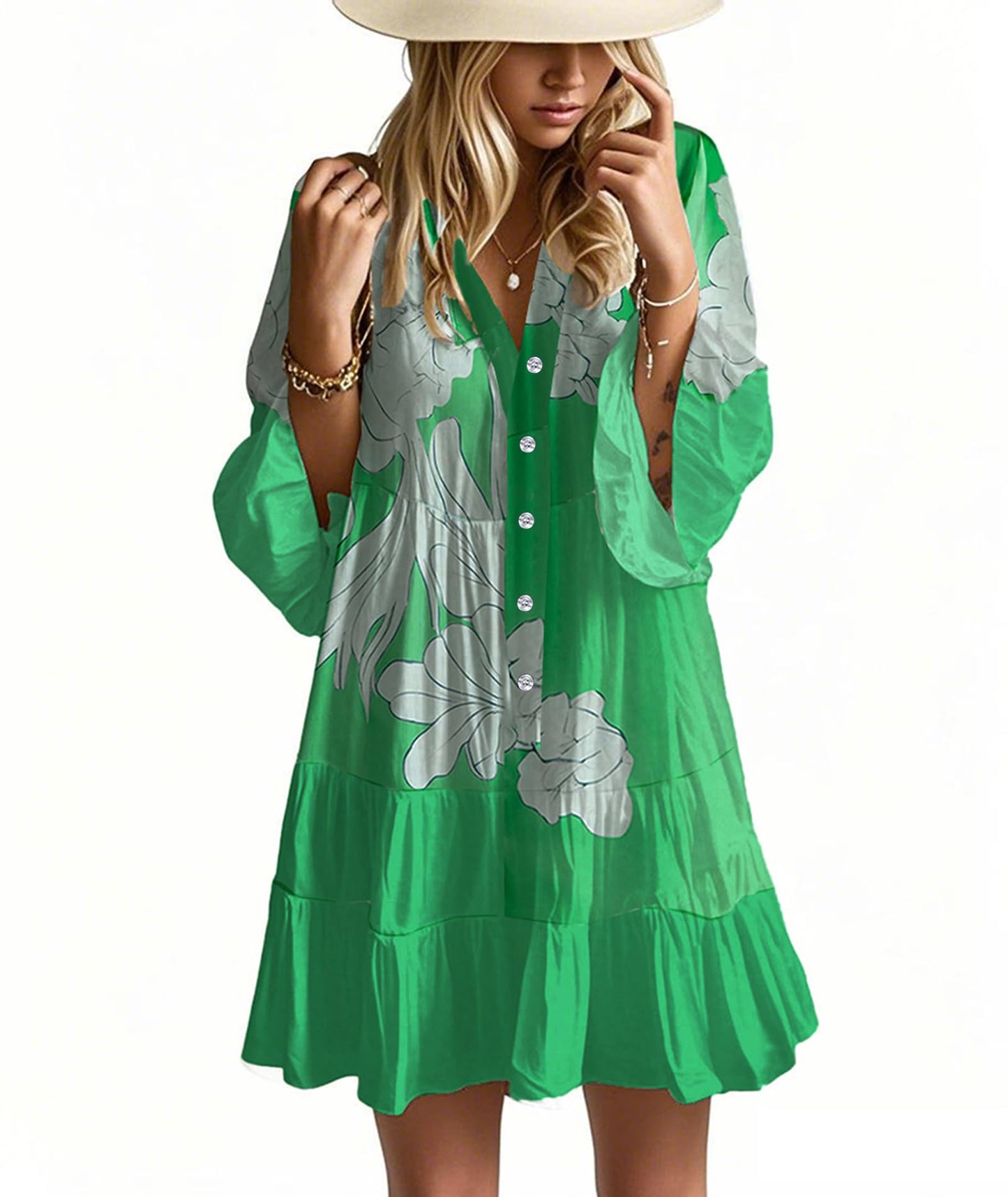 Opemiby Summer Dresses for Women 2026 Flowy Ruffle 3/4 Sleeve V Neck Tiered Casual Babydoll Boho Beach Mini Dress