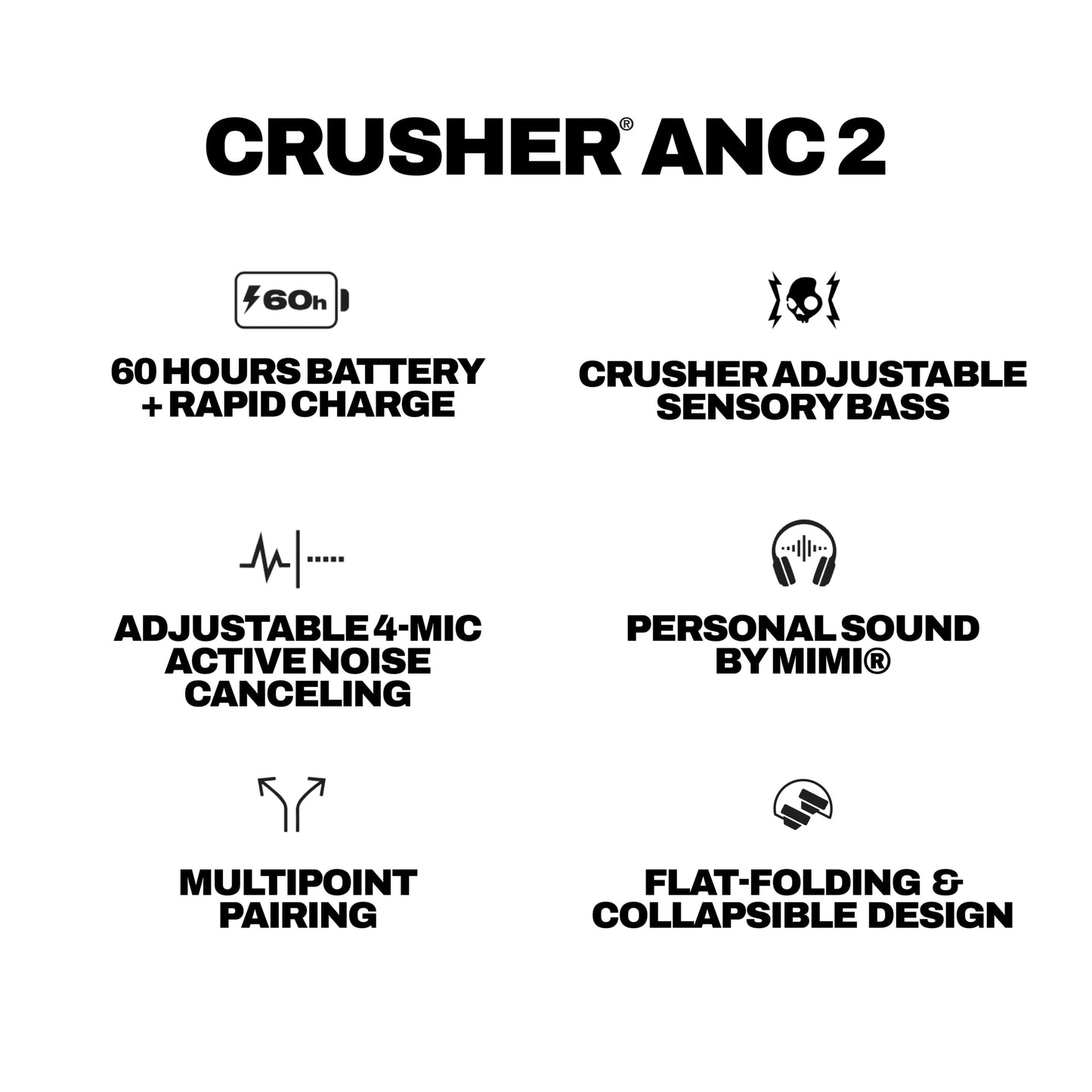 Skullcandy Crusher ANC 2 Noise Cancelling Wireless Headphones - True Black | Multi-Sensory Crusher Bass, Over-Ear Fit, Bluetooth, 60 Hours Battery, Working Out, Gym, Travel, Studying, Music, Gaming