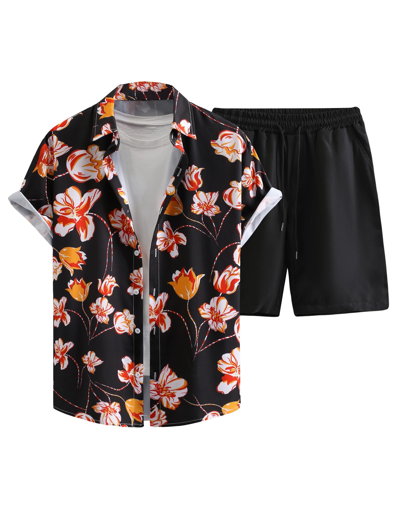 GORGLITTER Men's Vacation Beach Cruise Summer Outfits 2 Piece Shorts Set Hawaiian Button Down Shirt and Shorts