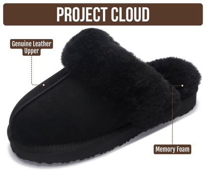 Project Cloud Genuine Leather Slippers for Women with Genuine Fur Lining, Non-Slip Indoor/Outdoor Clog Mule Slippers, Memory Foam Insole