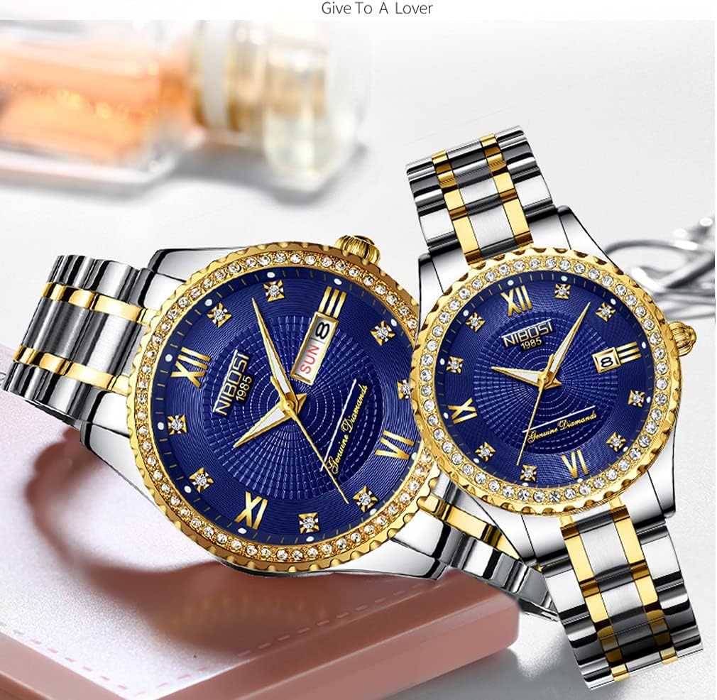 NIBOSI Watches for Couples Diamond Luxury Men and Women His and Hers Pair Watch Set Husband Wife Valentines Matching Wrist Watch Wedding Gifts Day Date Waterproof Quartz Analog