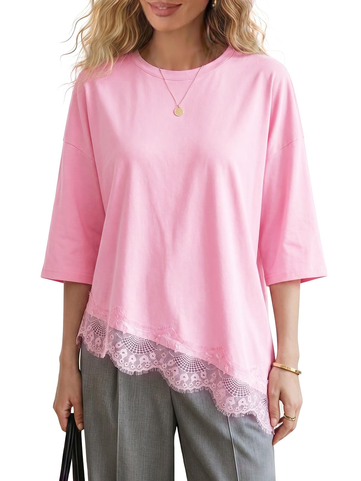 EXLURA Womens Summer Oversized Lace Trim T Shirts 2026 Casual Half Sleeve Asymmetrical Hem Tops Loose Crewneck Tunic Blouse