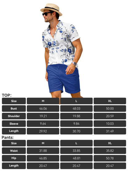 Yoimira Men's Summer Outfits 2 Piece Short Sets Hawaiian Floral Button Down Shirt and Shorts Vacation Beach Cruise Set