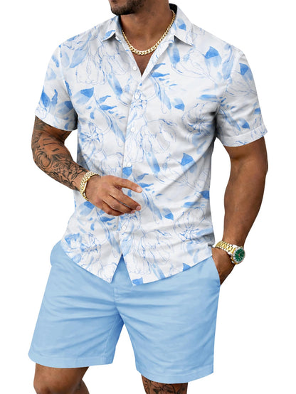 Yoimira Men's Summer Outfits 2 Piece Short Sets Hawaiian Floral Button Down Shirt and Shorts Vacation Beach Cruise Set