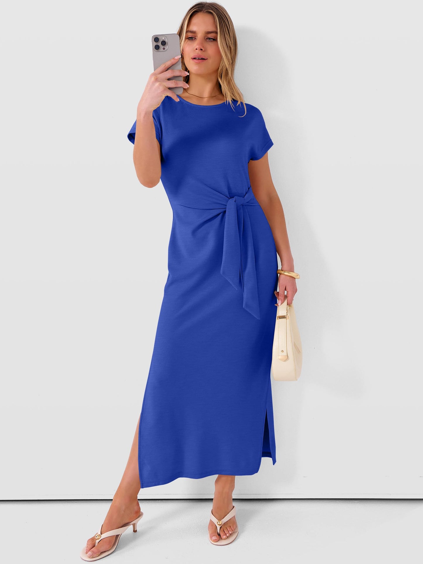 ANRABESS Womens Summer Maxi Dress Casual Crew Neck Tie Waist Split Wrinkle-Free Fit Long Fashion Vacation Dresses 2026 Spring