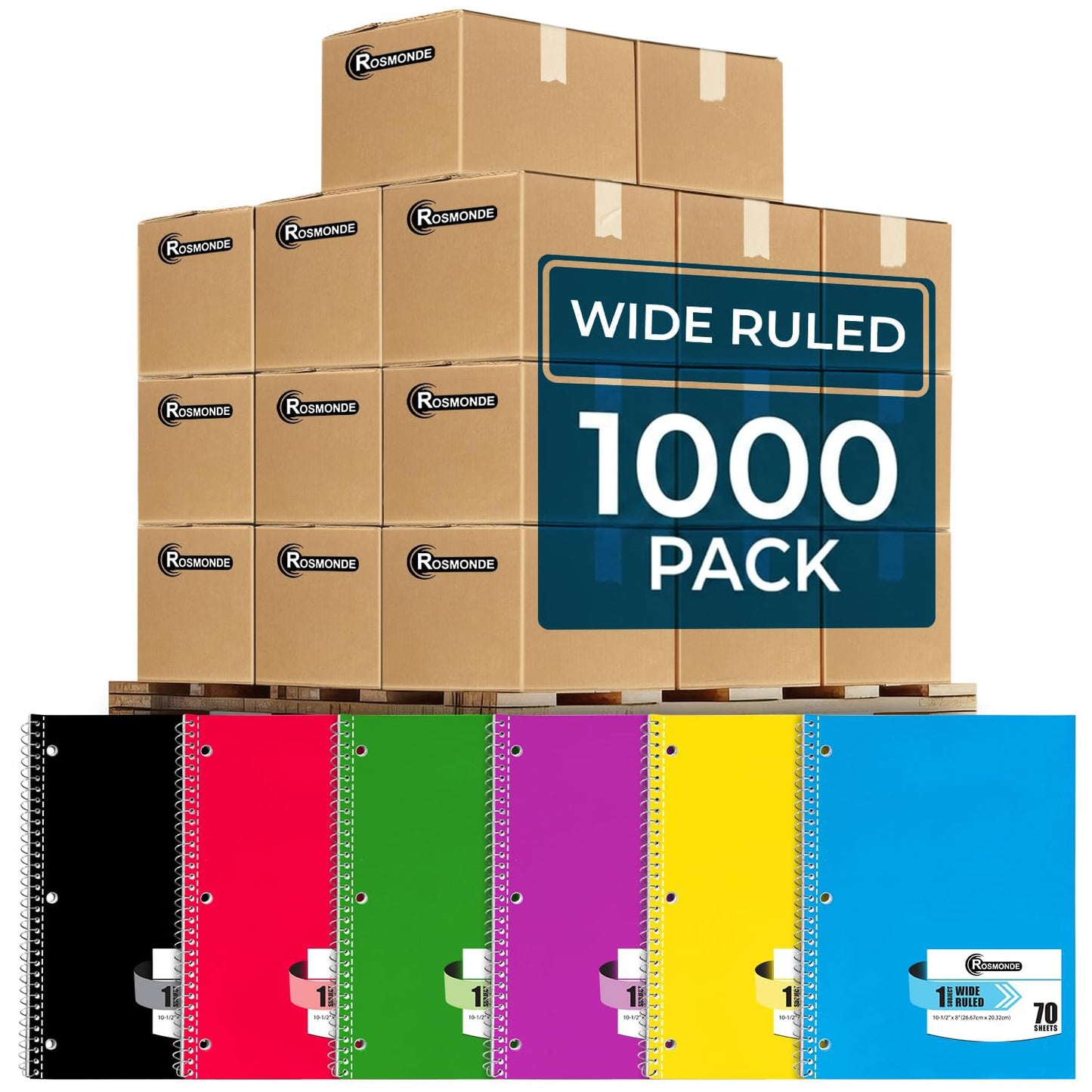 Rosmonde Spiral Notebooks, 12 Pack, 1 Subject Notebook, Wide Ruled, 70 Sheets, 8 x 10-1/2", 3 Hole Punched, School Supplies, Bulk Single Subject Spiral Notebook Bulk, Assorted Colors Pack of Notebooks