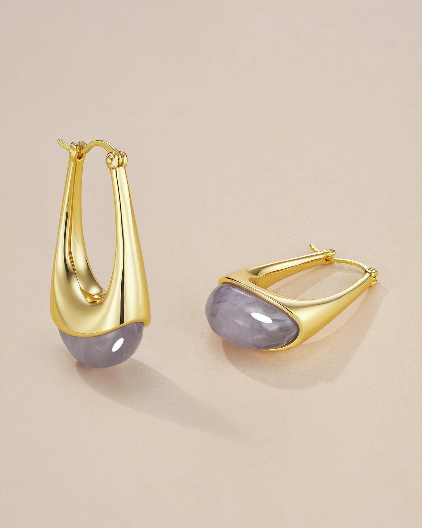 SNGIA Long Oval Chunky Dangle 18K Gold Plated Hoops with Colored Resin Gemstone Statement Earrings for Women, (Green, Brown, Light blue, Dark Blue), Bold Drop Handmade Exaggerated Irregular Trendy Bohemian Jewelry Gifts, Unique Dangling Teardrop Baroque S