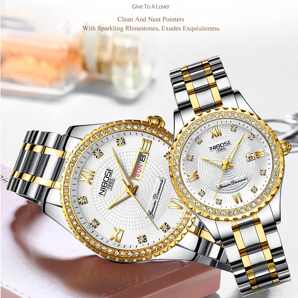 NIBOSI Watches for Couples Diamond Luxury Men and Women His and Hers Pair Watch Set Husband Wife Valentines Matching Wrist Watch Wedding Gifts Day Date Waterproof Quartz Analog