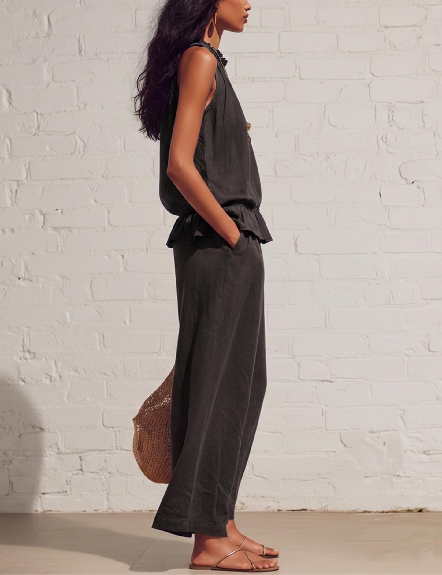 Tanming Women's Linen 2 Piece Outfits Sleeveless Ruffle Top Wide Leg Pants Summer Loungewear Beach Travel Sets