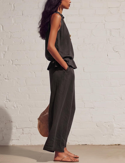 Tanming Women's Linen 2 Piece Outfits Sleeveless Ruffle Top Wide Leg Pants Summer Loungewear Beach Travel Sets