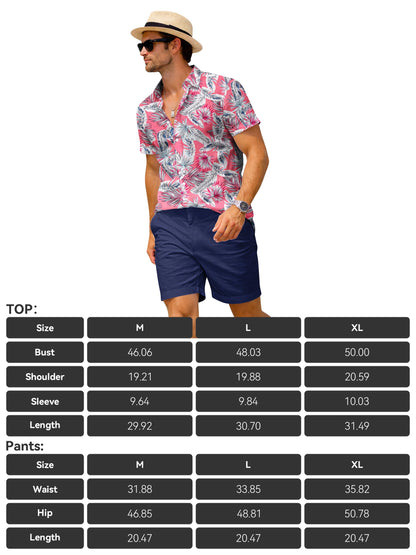 Yoimira Men's Summer Outfits 2 Piece Short Sets Hawaiian Floral Button Down Shirt and Shorts Vacation Beach Cruise Set