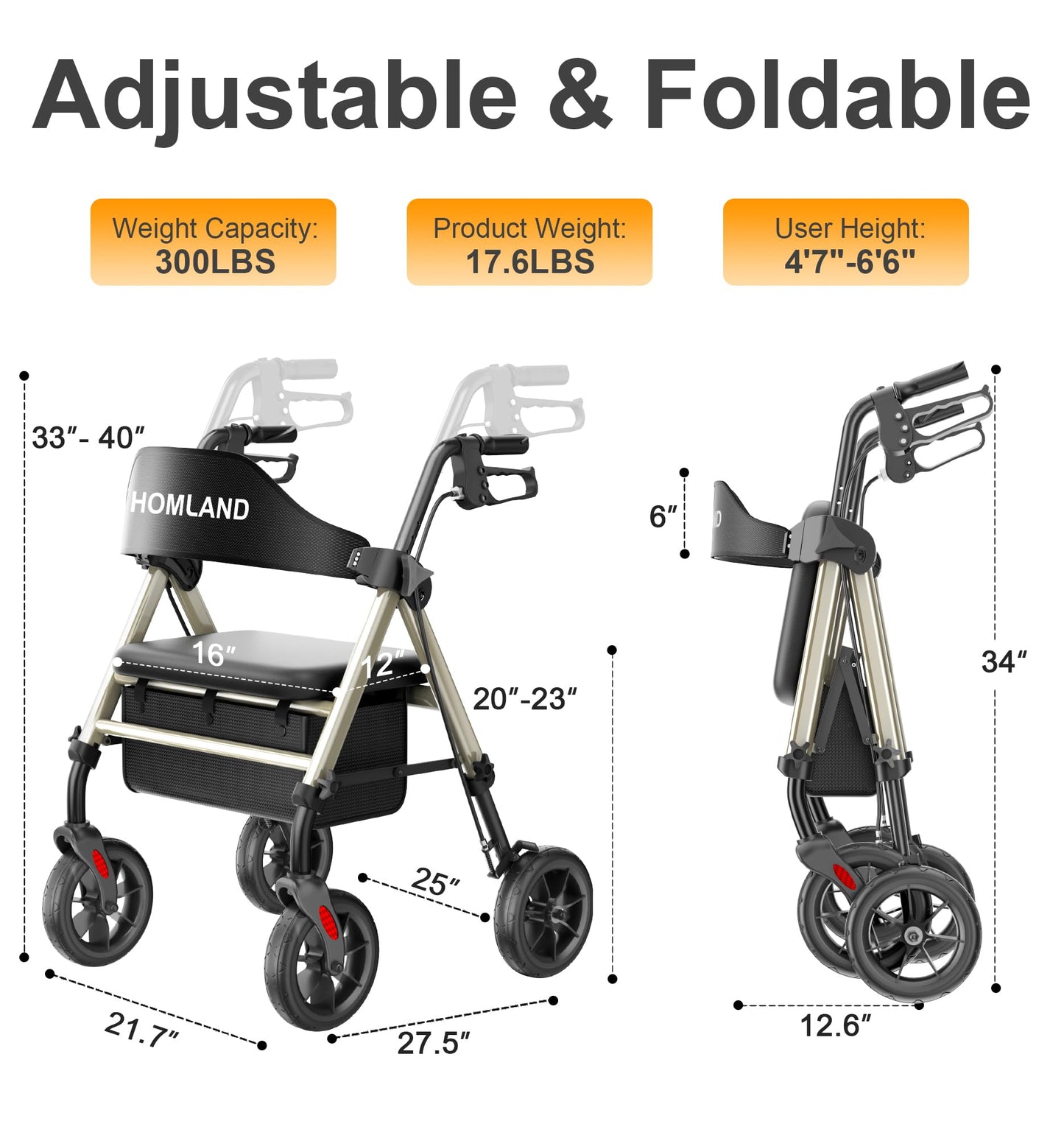 HOMLAND Walkers for Seniors with Seat, Foldable Rollator Walker, Reinforced Aluminum Frame, 8" Big Rubber Wheels for All Terrain, Height Adjustable Lightweight Rolling Walker
