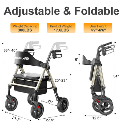HOMLAND Walkers for Seniors with Seat, Foldable Rollator Walker, Reinforced Aluminum Frame, 8" Big Rubber Wheels for All Terrain, Height Adjustable Lightweight Rolling Walker