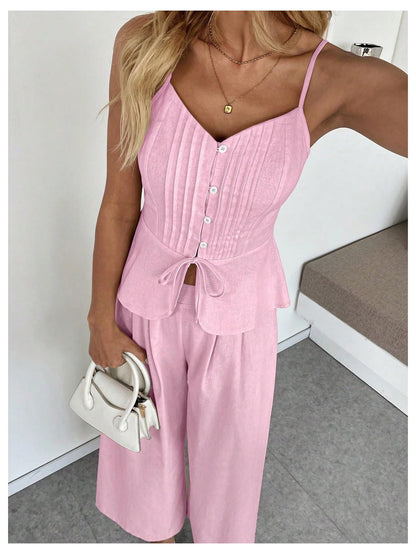 SOLY HUX Women's 2 Piece Summer Outfit Button Down Peplum Cami Top and Wide Leg Pants Set
