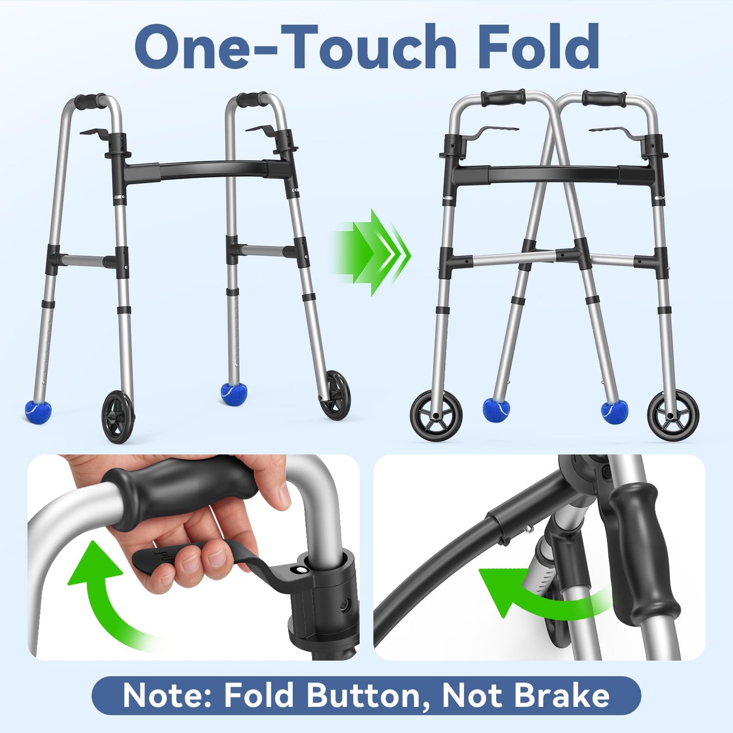 Loyoda Folding Walker with 2 Skis and 5" Wheels, Lightweight Walkers for Seniors and Adults, Supports Up to 350 Pounds, Adjustable Height, Compact Standard Walker, Black