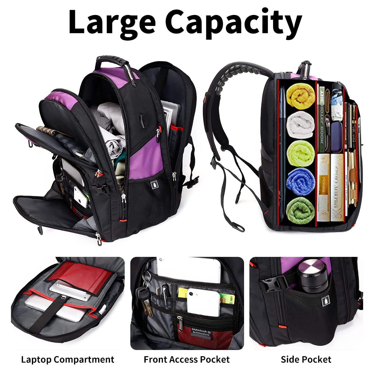 SHRRADOO Extra Large 50L Travel Laptop Backpack with combination lock,High School College Backpack Airline Approved Business Work Bag Fit 17 Inch Laptops for Men Women,Black