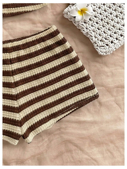 SOLY HUX Women's Summer 2 Piece Outfits Striped Crochet Halter Top Mini Shorts Set Beach Vacation Y2K Sets
