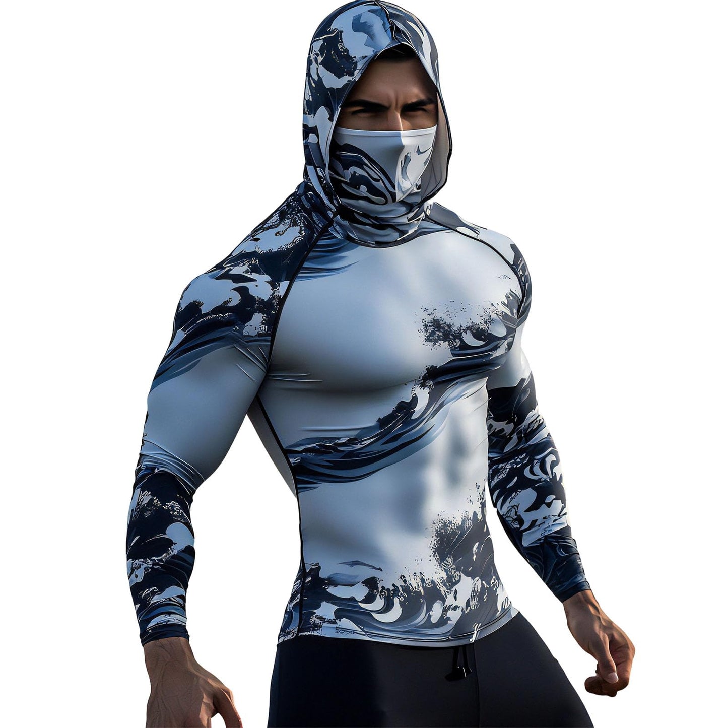 Sun Protection Shirts for Men UPF 100+ Long Sleeve Hoodie with Mask Shirts | Camouflage Outdoor Fishing Tees Cooling Raglan Shirts