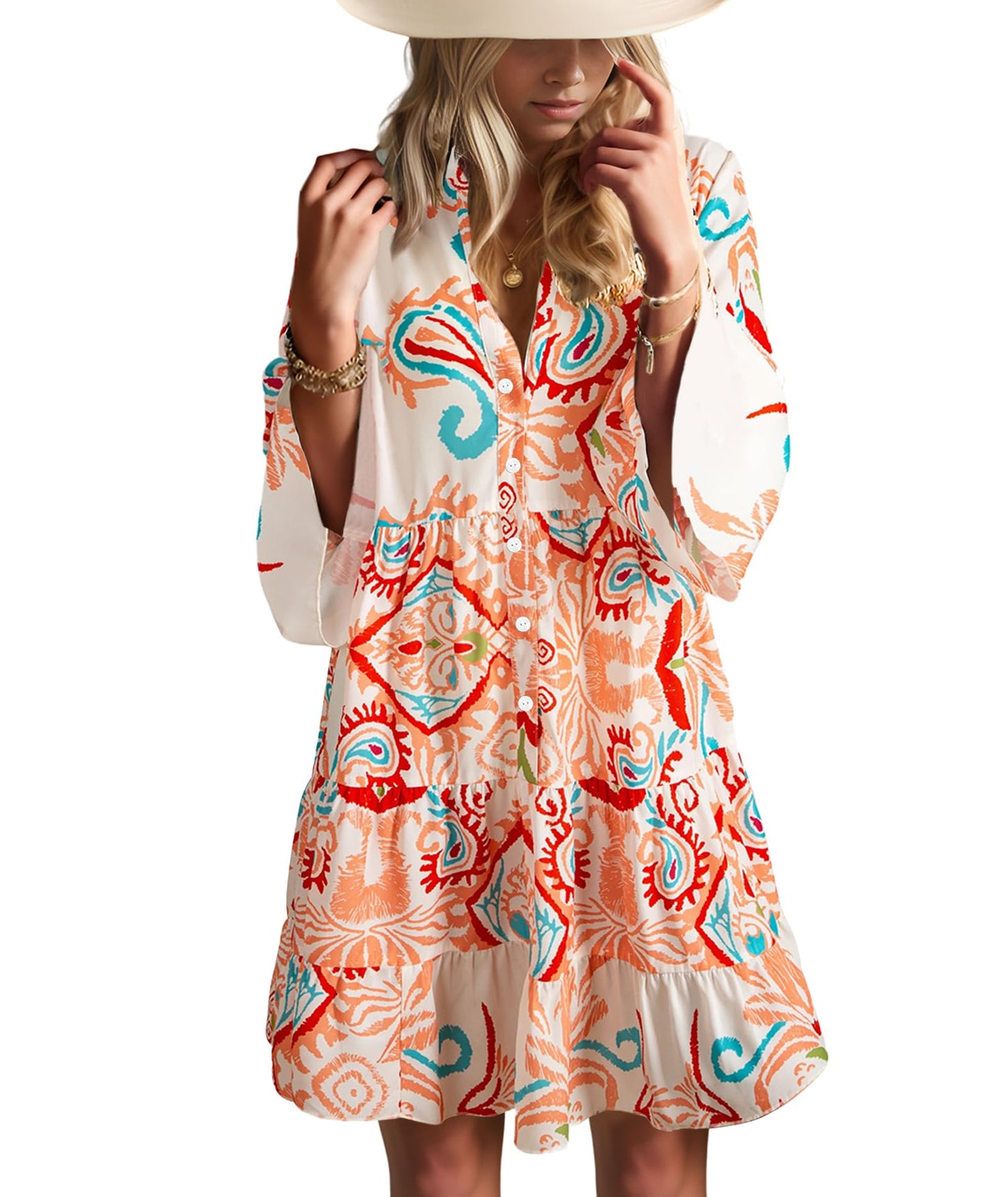 Opemiby Summer Dresses for Women 2026 Flowy Ruffle 3/4 Sleeve V Neck Tiered Casual Babydoll Boho Beach Mini Dress