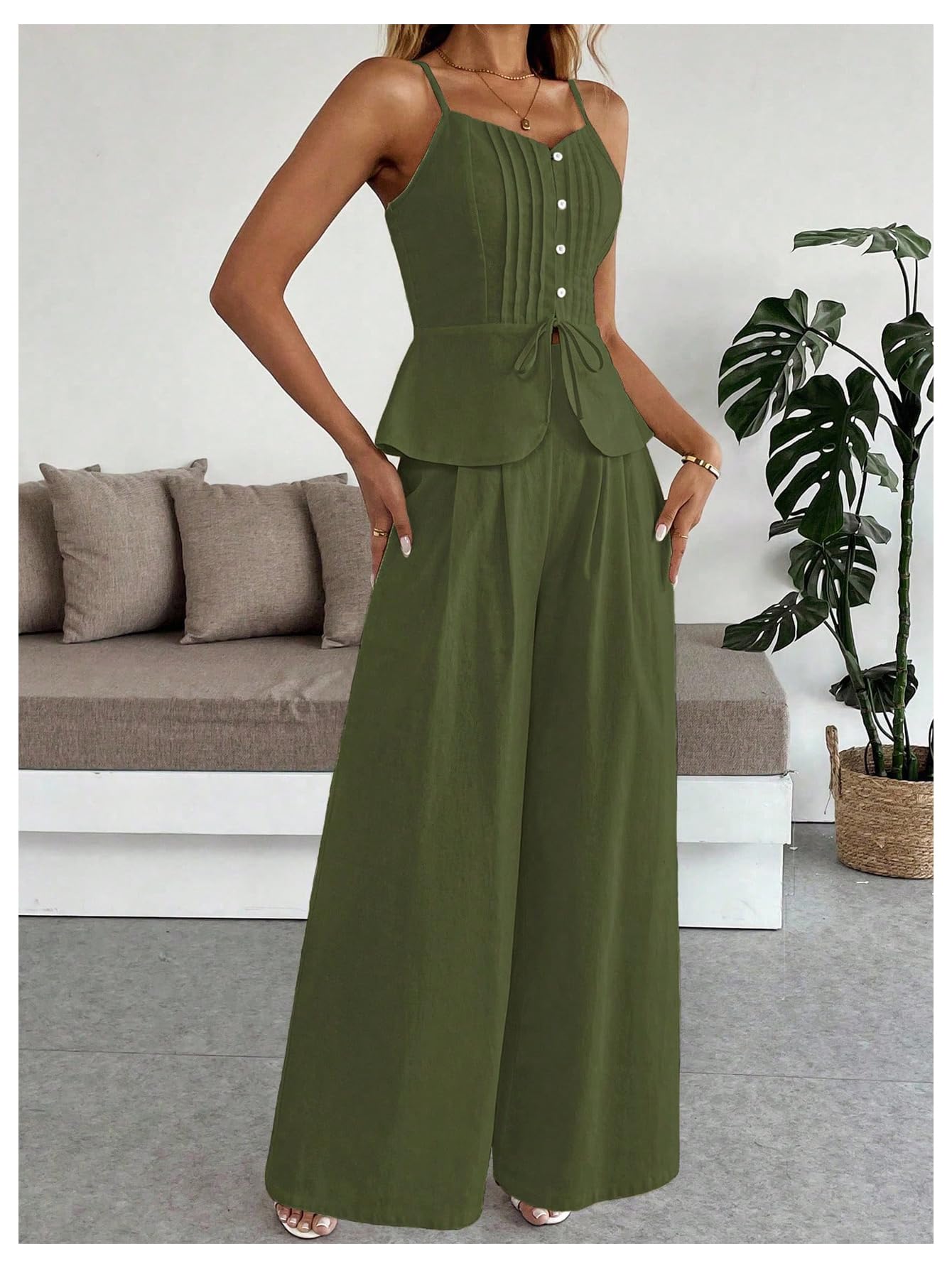 SOLY HUX Women's 2 Piece Summer Outfit Button Down Peplum Cami Top and Wide Leg Pants Set