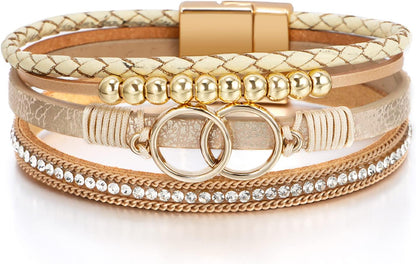 Fesciory Leopard Bracelet for Women, Boho Leather Wrap Multi-Layer Pearl Crystal Bracelet Bangle Jewelry