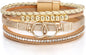 Fesciory Leopard Bracelet for Women, Boho Leather Wrap Multi-Layer Pearl Crystal Bracelet Bangle Jewelry