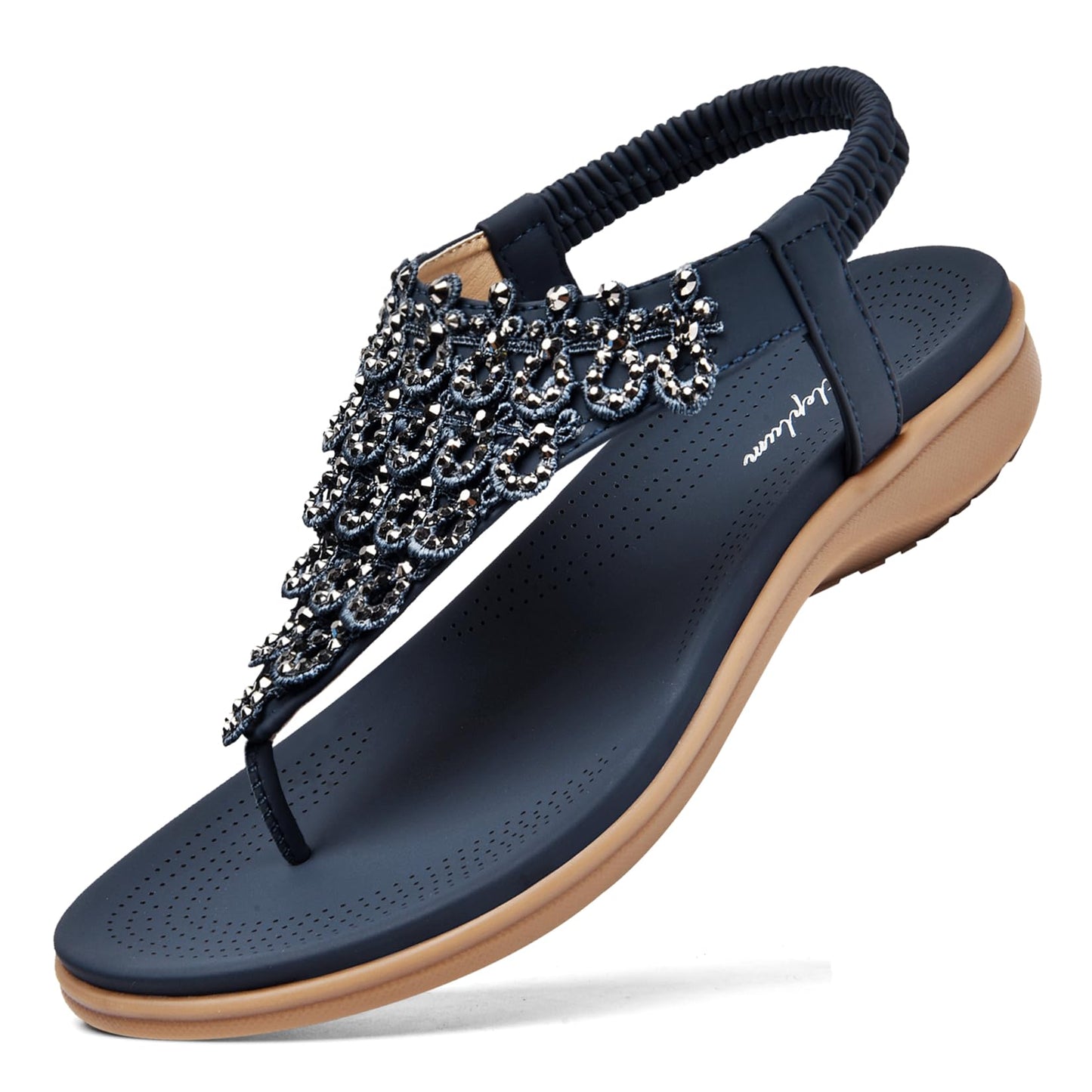 Littleplum Womens Sandals Arch Support Slingback Rhinestone Dressy Sandals Comfort Summer Shoes Ankle Strap Elastic Flats for Beach Walking